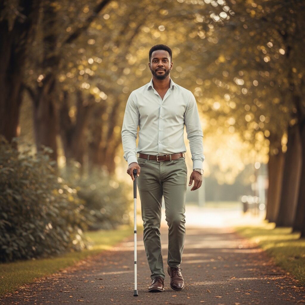 Man walking confidently outdoors with a white cane - retinitis pigmentosa low vision