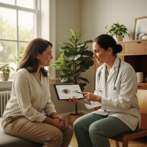 Woman discussing retinitis pigmentosa symptoms and progression with a low vision specialist