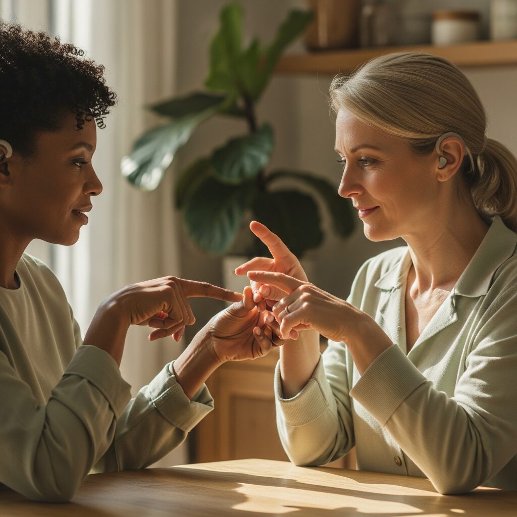 Two adults communicating through tactile sign language at a sunlit table, both wearing hearing aids - managing dual sensory loss from Usher syndrome