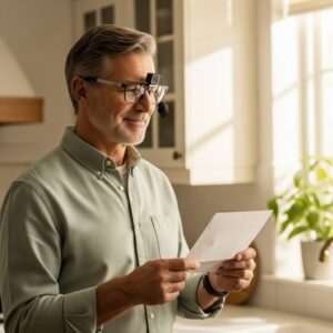 Man using smart glasses with a small camera to read a letter aloud at home - wearable technology for retinitis pigmentosa