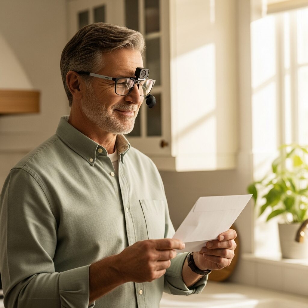 Man using smart glasses with a small camera to read a letter aloud at home - wearable technology for retinitis pigmentosa
