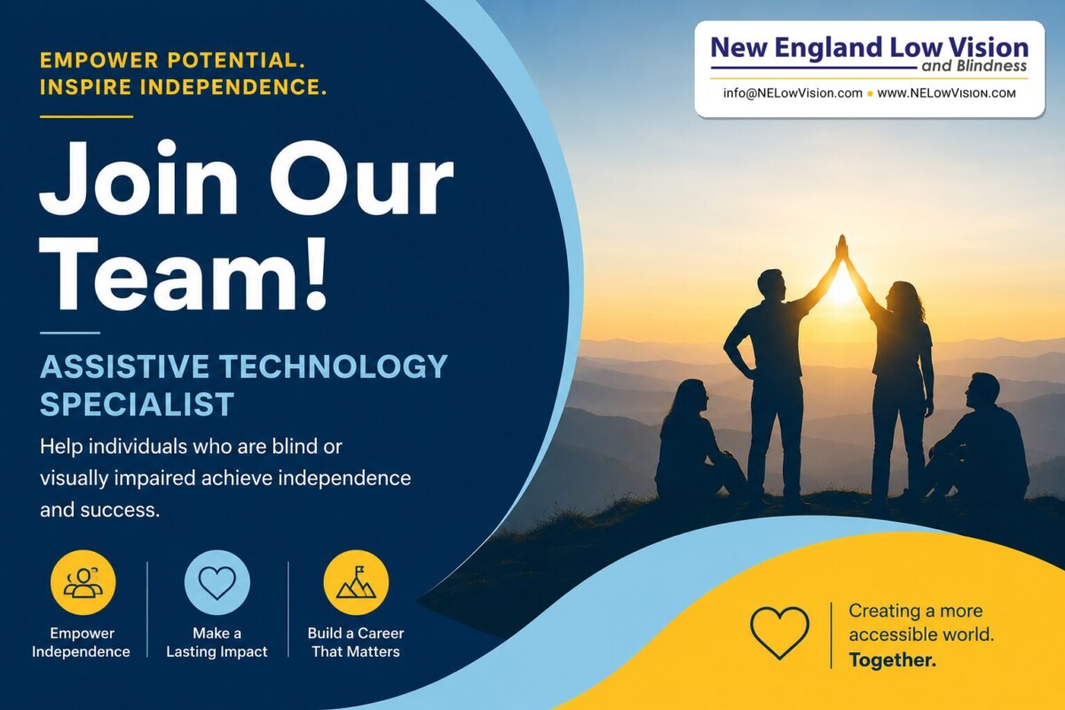 New England Low Vision and Blindness is hiring an Assistive Technology Specialist. Silhouettes of four people high-fiving at sunset on a mountain.