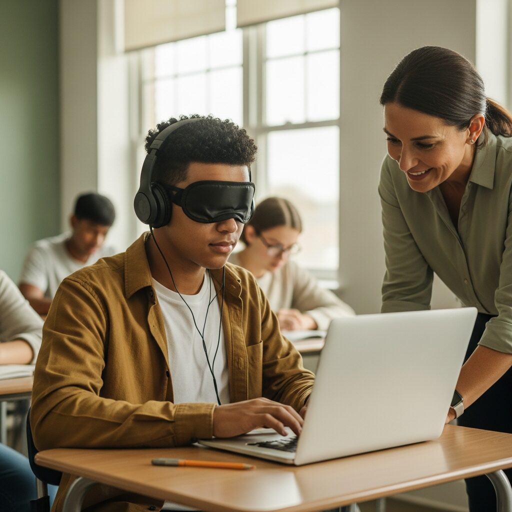 Screen reader software classroom support: a teacher helping a student use a laptop with headphones.