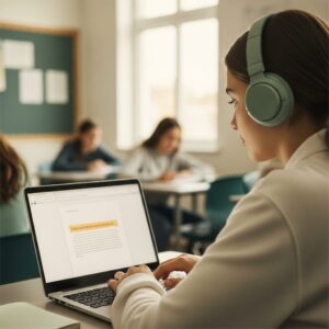 Student using text to speech software for classroom accessibility on a laptop