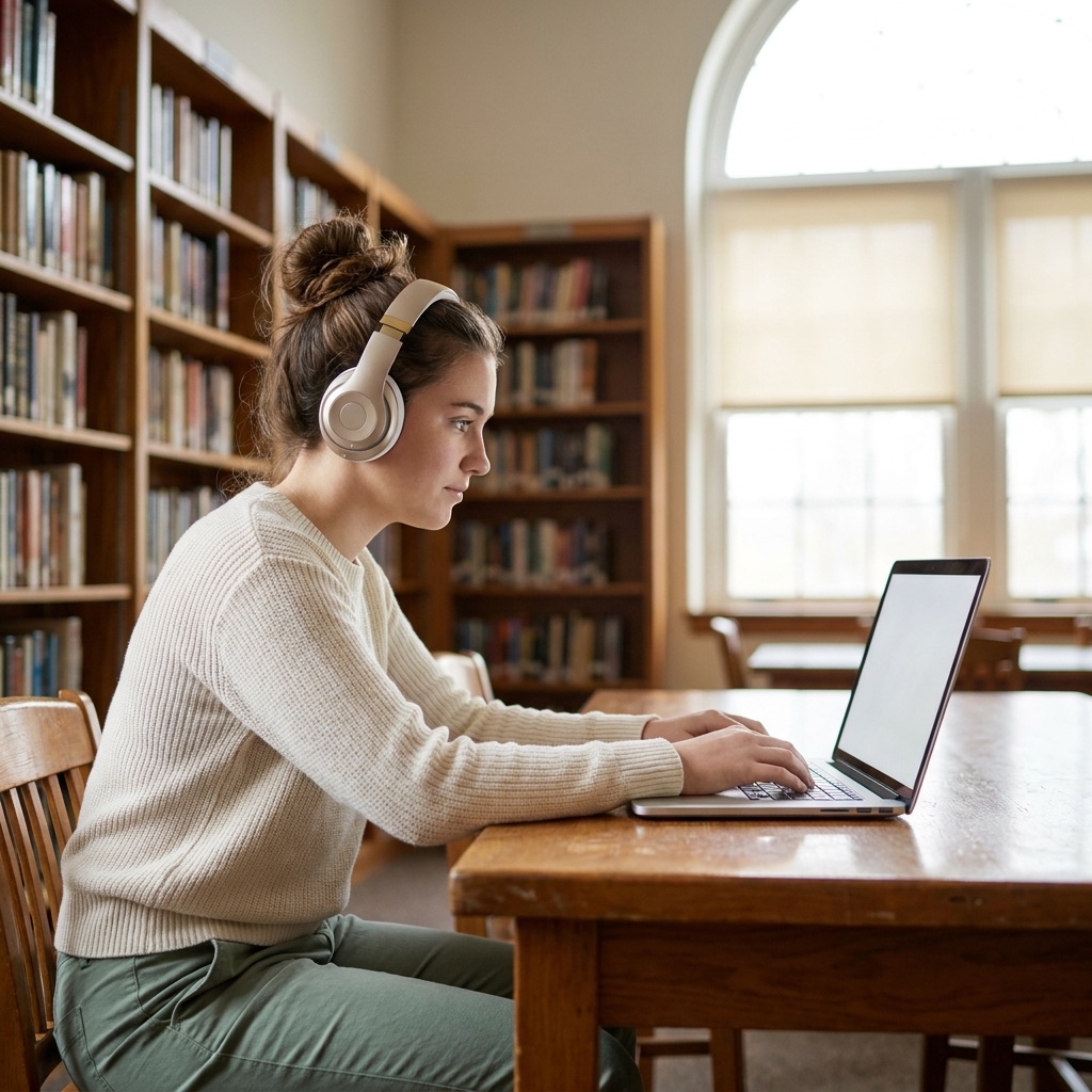 High school student using headphones and a laptop to complete schoolwork independently, supported by assistive technology IEP goals
