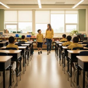 Classroom arrangement for visually impaired students with wide clear pathways and high-contrast desk edges