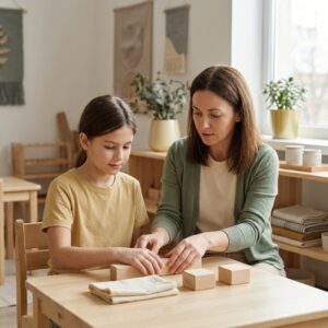 Teacher guiding a student with visual impairment through hands-on expanded core curriculum instruction