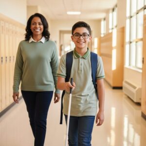 Student traveling independently with a white cane in a school hallway alongside an orientation and mobility specialist
