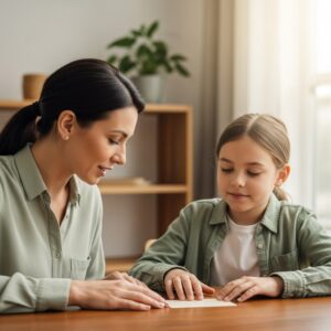 Teacher of the visually impaired working one-on-one with a student at a classroom table