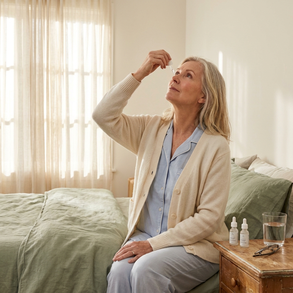 Woman recovering from cataract surgery instilling prescription eye drops in a bright bedroom, with her drop bottles on the nightstand