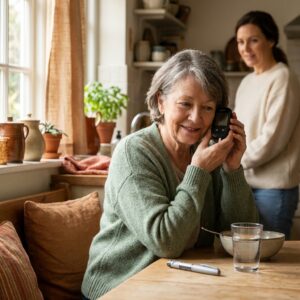 Woman in her sixties using a talking blood glucose meter at her kitchen table - diabetic retinopathy vision loss