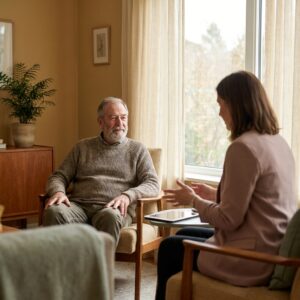 Man in his seventies talking with a low vision rehabilitation specialist in a sunlit living room - glaucoma vision loss
