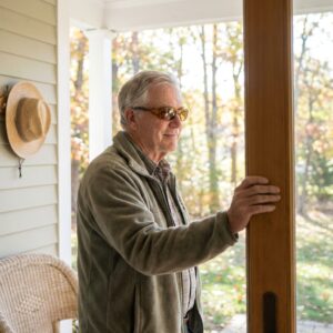 Man managing light sensitivity after cataract surgery, wearing amber wraparound sunglasses and pausing at a doorway to let his eyes adjust