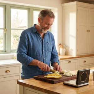 Man with diabetic vision loss chopping light-colored vegetables on a dark cutting board beside a talking kitchen scale