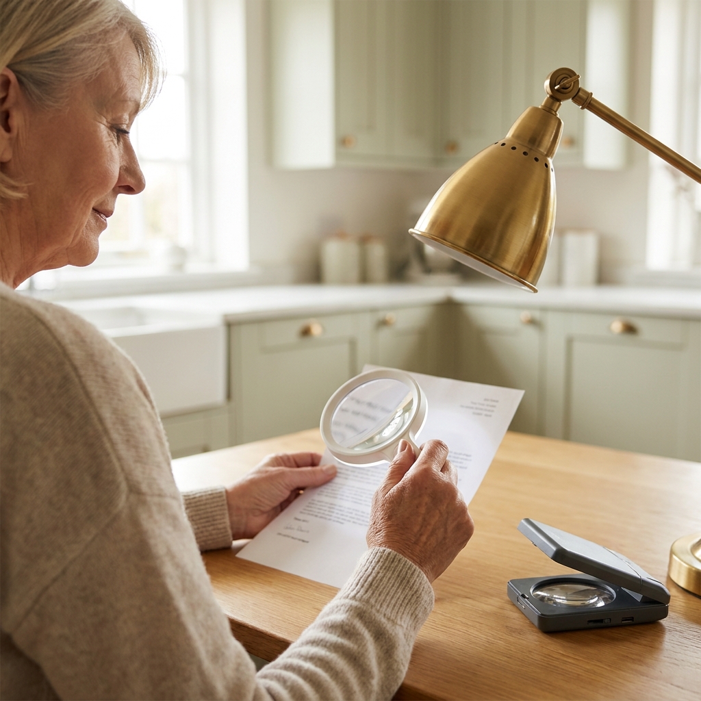 Woman with cataracts using an illuminated handheld magnifier to read a letter under a directed task lamp, with a portable electronic magnifier on the table