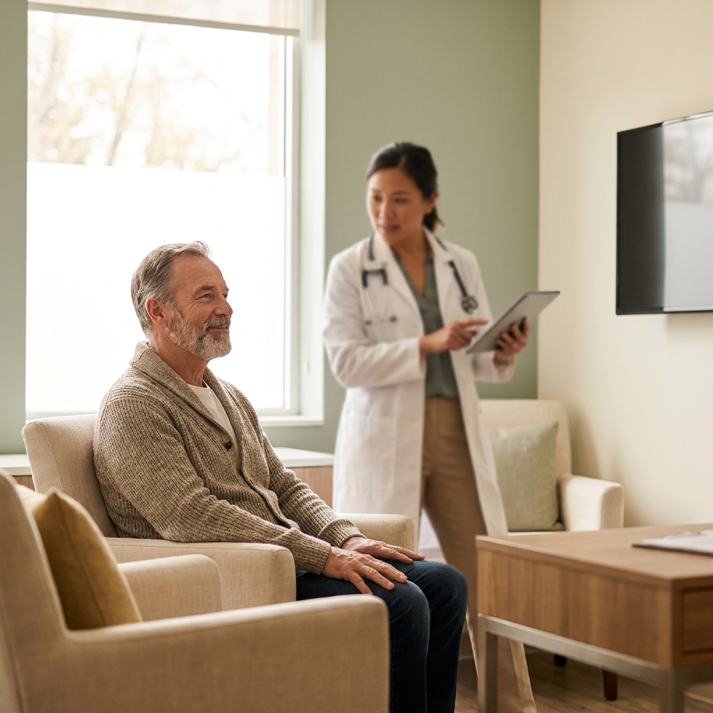 Man with optic nerve disease vision loss in a consultation while his ophthalmologist reviews his visual field results on a tablet