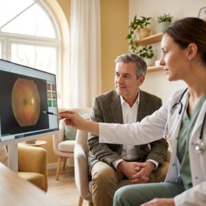 Man in his fifties reviewing a retinal scan with a specialist explaining diabetic retinopathy progression - diabetic retinopathy stages