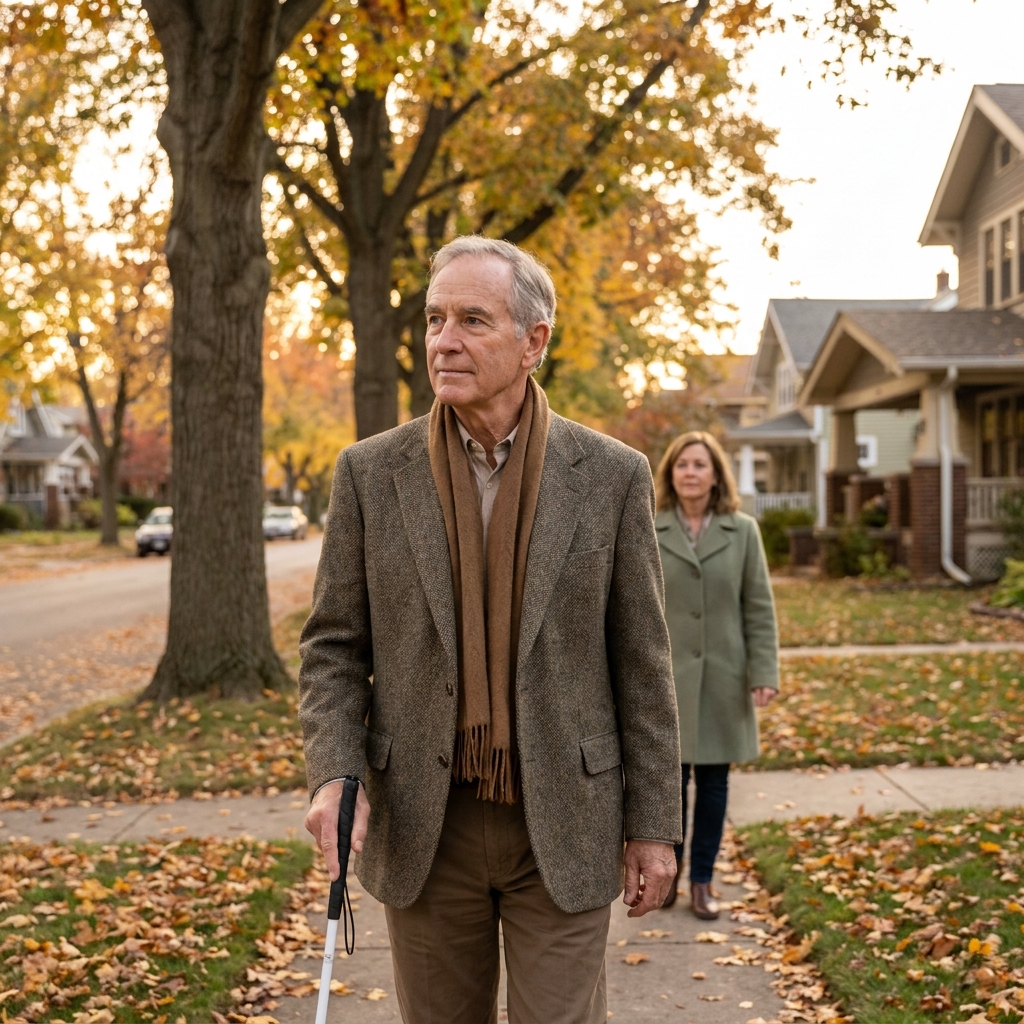 Man in his sixties walking confidently on a neighborhood sidewalk with a white mobility cane - peripheral vision loss glaucoma