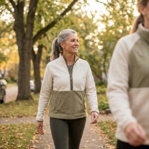 Woman with diabetes walking with a companion on a tree-lined path, part of a daily routine for preventing diabetic eye disease