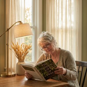 Woman with a visual field defect reading a book under strong task lighting, angling her gaze to use eccentric viewing