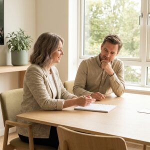 Employee with vision loss confidently discussing a workplace accommodation request with her manager, prepared notes on the table