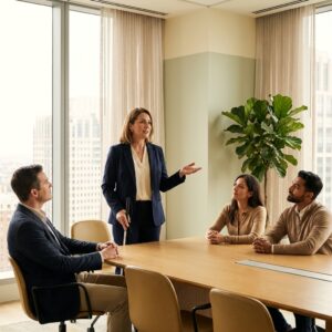 Blind professional leading a meeting in a modern office, presenting to seated colleagues with her white cane in hand
