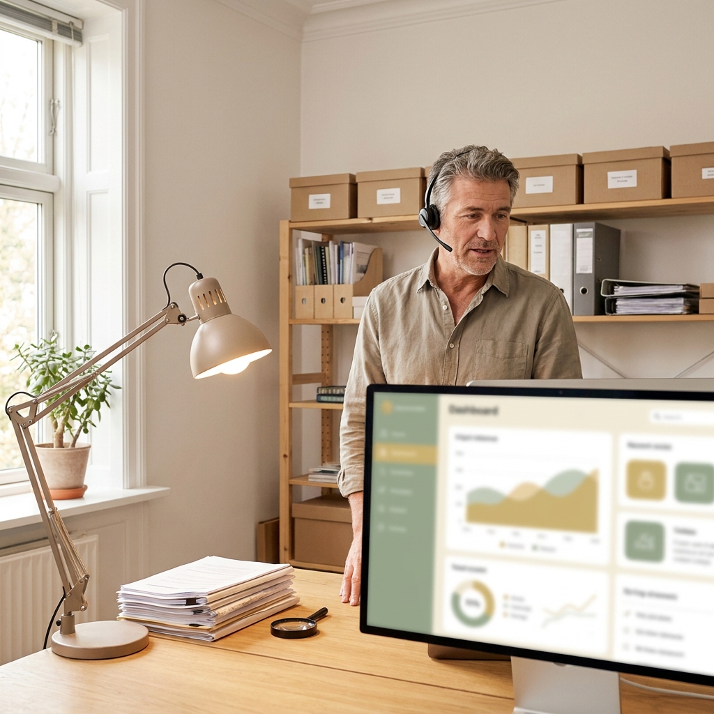 Man with low vision running his own business from a home office, working on a headset call beside an enlarged display and a portable magnifier