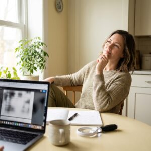 Woman with low vision considering career options at her kitchen table, with a laptop on an enlarged high-contrast display, handwritten notes, and a handheld magnifier