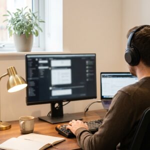 Employee with low vision working at a desk using an enlarged high-contrast display and headphones for text-to-speech output